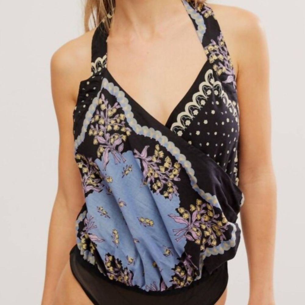 Free People Intimately Black Purple Floral Crisscross Bodysuit Size XS